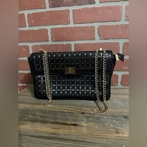 Melie Bianco Black Leather Shoulder/Crossbody Bag with Gold Chain Strap
